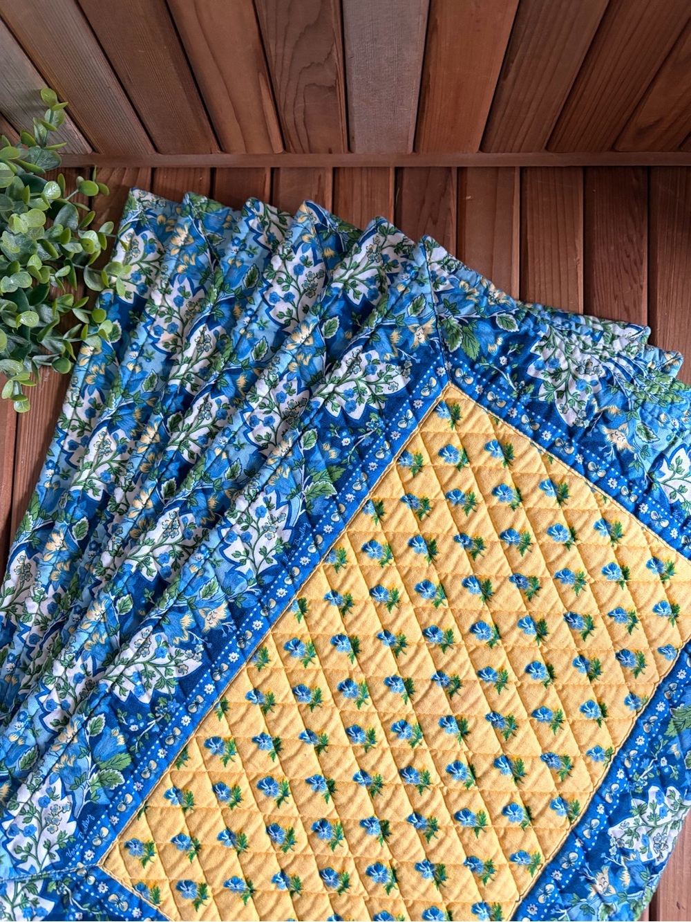 Vintage Vera Bradley Quilted Placemats Retired Blue + Yellow Print, Reversible
